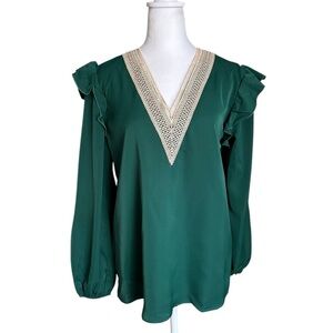 Kirundo Women's Green Blouse with V-Neck Ruffle Sleeve Boho Style Size M NWT
